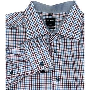 OLYMP Luxor Modern Fit Button Up Checkered Men's 17.5" | 44  Reds Blues White‎